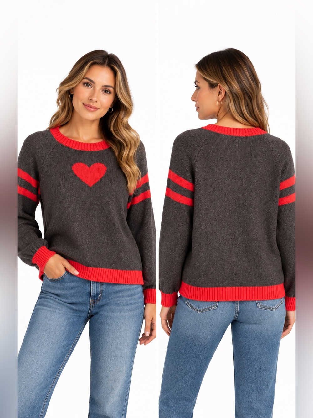 saltwater LUXE Charcoal Knit Sweater with Red Heart and Trim